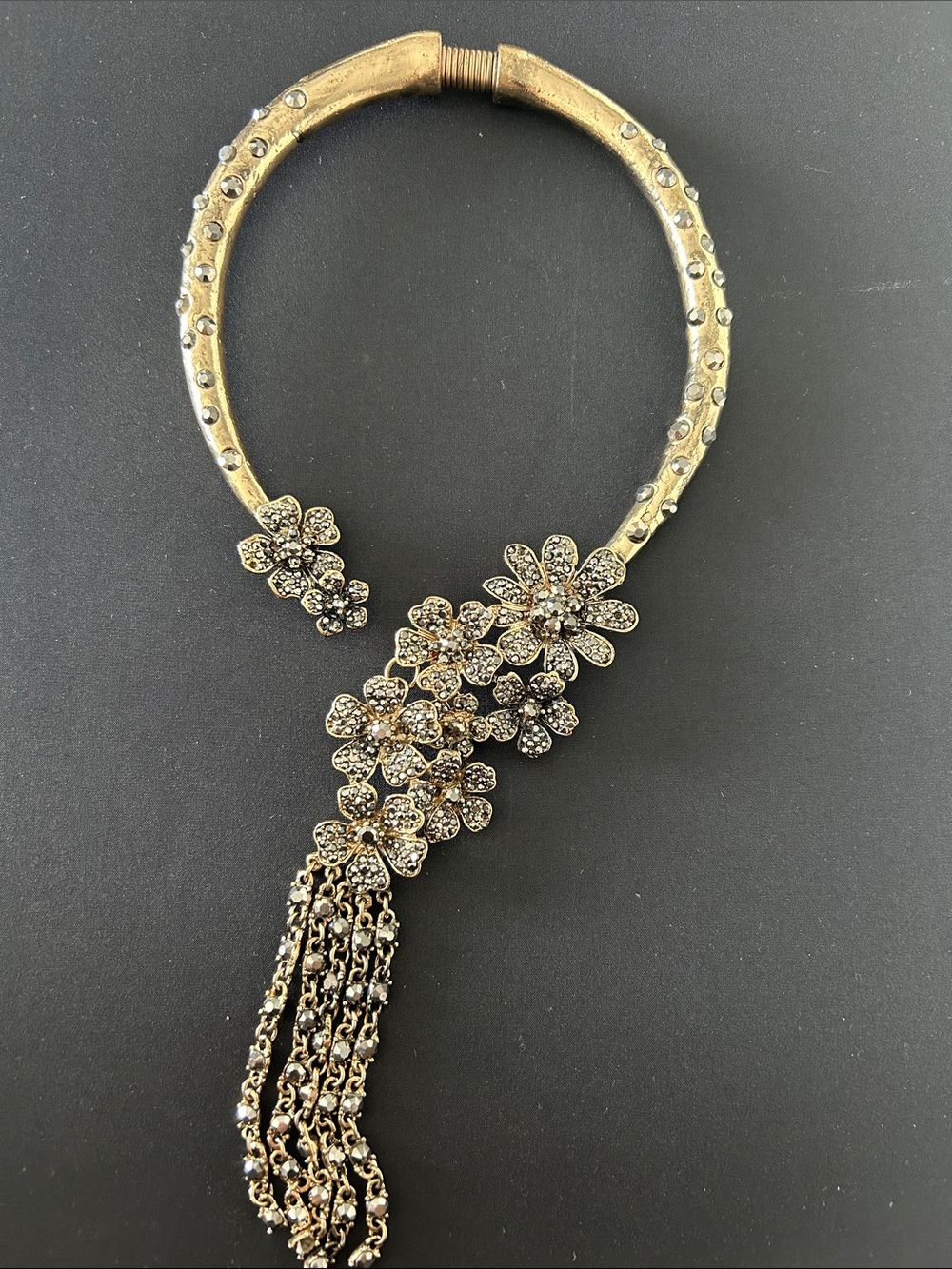 Gold Floral Statement Collar Necklace with Crystal Tassel